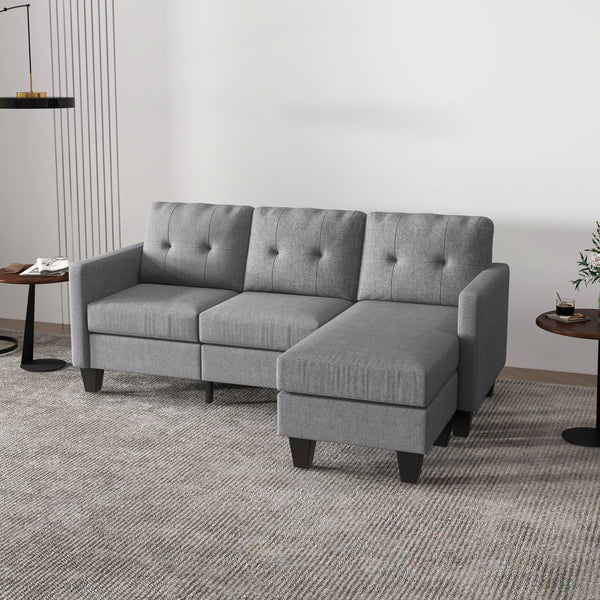 Canapé d'angle 3 places avec pouf, coussin épais et pieds en bois, gris clair