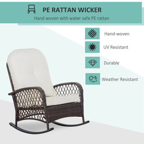 Fauteuil à bascule en rotin et osier avec coussins épais, blanc crème