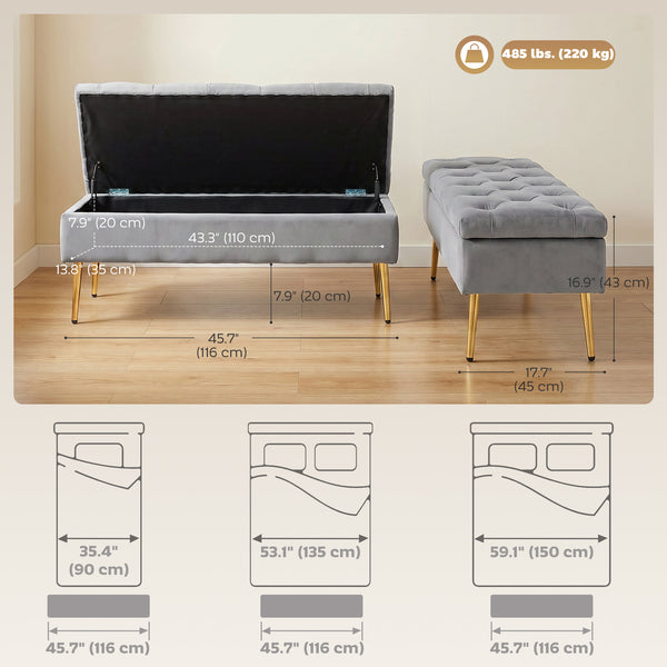 Banc ottoman avec rangement, assise capitonnée en velours et pieds dorés – Gris et doré
