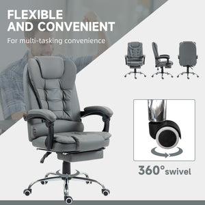 Chaise de bureau à dossier haut en similicuir avec repose-pieds rétractable et accoudoirs rembourrés, gris