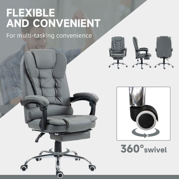 Chaise de bureau à dossier haut en similicuir avec repose-pieds rétractable et accoudoirs rembourrés, gris
