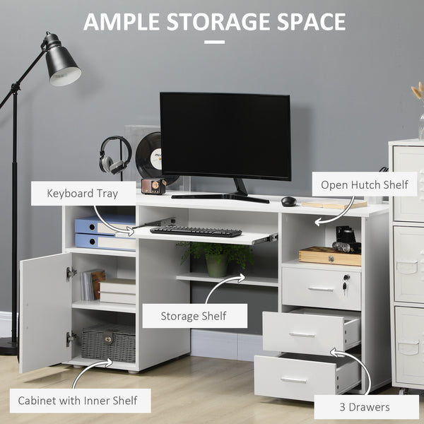 Bureau d'ordinateur avec plateau pour clavier et tiroirs, blanc