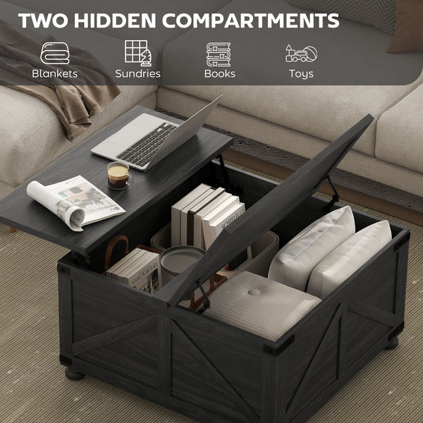Table basse avec plateau relevable de style campagnard avec compartiment caché pour le salon, grain de bois noir