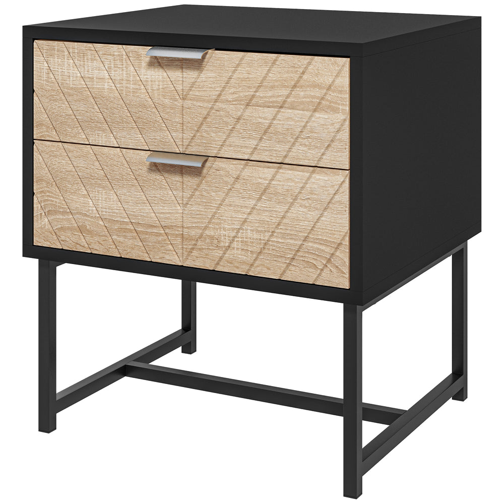 Table de chevet moderne avec 2 tiroirs et structure en acier, noir et chêne