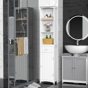 Tall white wooden bathroom storage cabinet