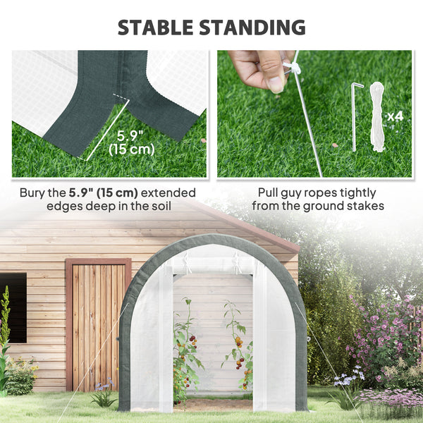 Tunnel greenhouse with mesh door and windows, white