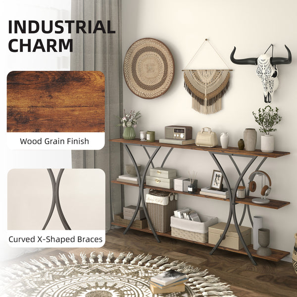 Industrial 3-tier entryway console with 2 storage shelves for living room or hallway, rustic brown