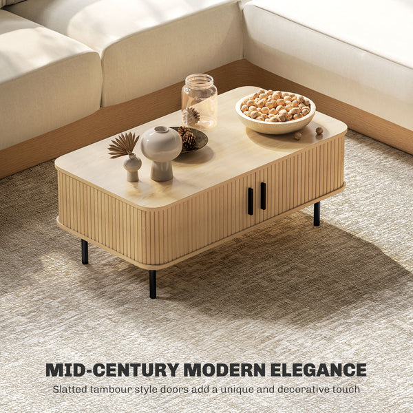 Table d'appoint nordique avec portes coulissantes à lattes et pieds en acier pour salon, couleur chêne
