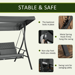 3 Person Porch Swing Bench with Adjustable Canopy, Cushions, Pillows for Porch and Backyard, Dark Grey
