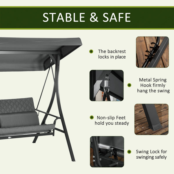3 Person Porch Swing Bench with Adjustable Canopy, Cushions, Pillows for Porch and Backyard, Dark Grey