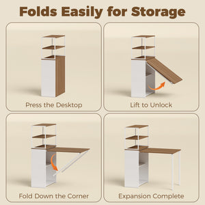 Folding Computer Desk with 4-Tier Bookshelf Space-Saving Home Office Desk, Natural