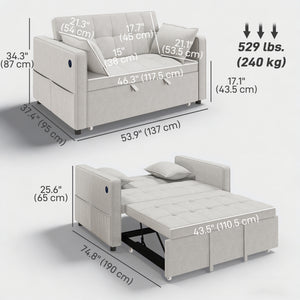3-in-1 Convertible Sofa Bed, Pull Out Sleeper Sofa with USB Charging, Adjustable Backrest, Side Pockets, Beige