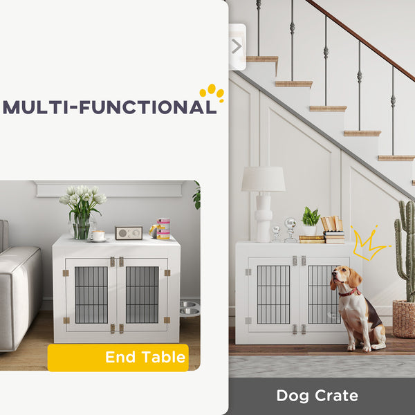 Meuble cage pour chien avec gamelles amovibles et deux portes, blanc