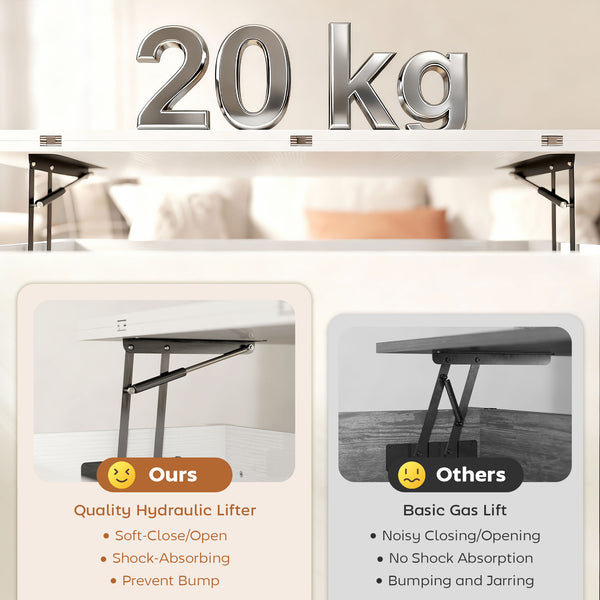 Table basse relevable extensible avec double plateau et rangement intégré, blanc