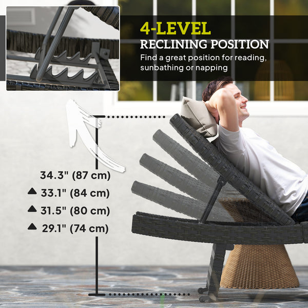 Chaise longue pliante en osier avec dossier réglable sur 4 niveaux, noire