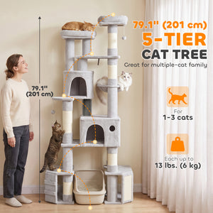 Arbre à chat géant de 79 po à 5 niveaux avec 2 condos, hamac et griffoirs, gris