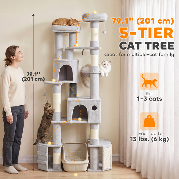 Arbre à chat géant de 79 po à 5 niveaux avec 2 condos, hamac et griffoirs, gris