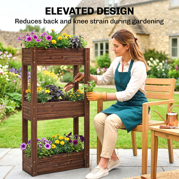 3-tier wooden raised garden bed with legs, drainage holes, and bed liner.