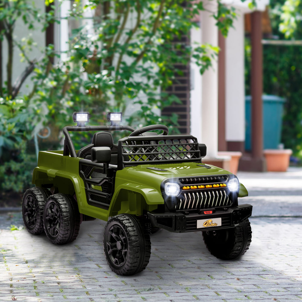 Voiture électrique 12 V Qaba pour enfants avec 2 ou 4 roues motrices, télécommande parentale, suspension à ressorts, remorque, lumières, musique et démarrage progressif, vert foncé