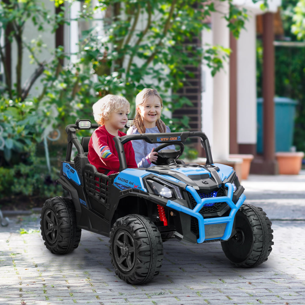 Voiture électrique 24 V pour enfants, 2 places avec télécommande parentale, 3 vitesses, lumières LED, musique, klaxon et suspension à ressorts, bleu