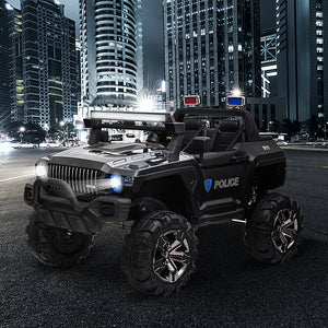 Voiture de police électrique 12 V pour enfants de 3 à 8 ans, 2 places, avec télécommande parentale, lumières LED, lecteur MP3, couleur noire