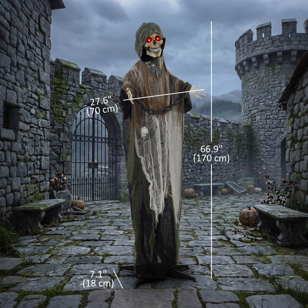 Faucheur enchaîné animé d’Halloween de 5,6 pi avec yeux DEL, sons et mouvements – Noir, blanc et brun