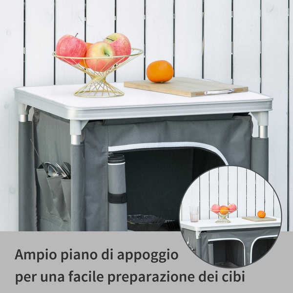 Station de cuisine de camping en aluminium avec placard à 2 étagères et sac de transport