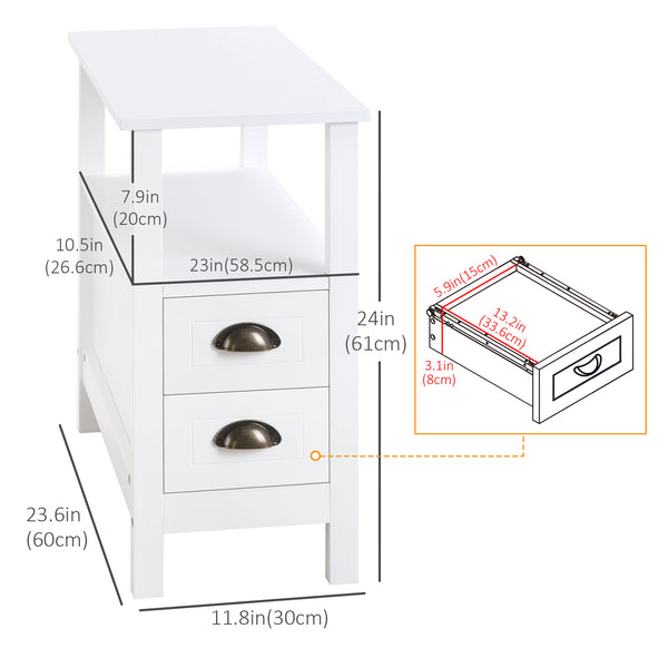 Table d'appoint étroite avec 2 tiroirs et étagère de rangement, blanche