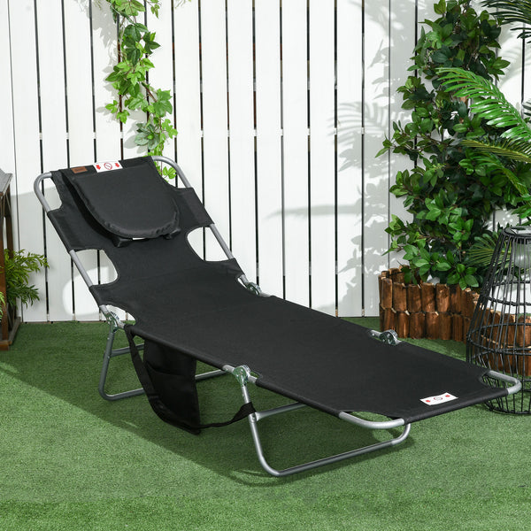 Folding Outdoor Lounge Chair, 5-Level Tanning Chair with Face Hole, Side Pocket, Carry Strap for Beach Pool, Black
