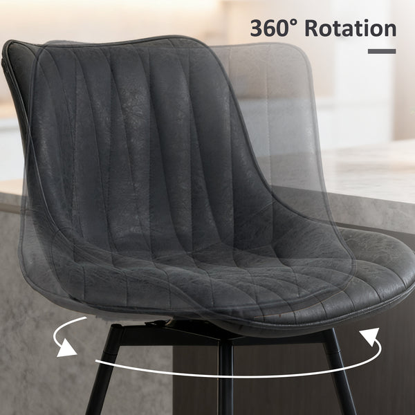 Set of 2 counter-height bar stools, upholstered in PU leather, with backrest, footrest and steel legs, black