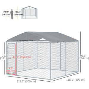 PawHut Dog Kennel Outdoor Run Fence with Roof, Steel Lock, Mesh Sidewalls for Backyard &amp; Patio, 9.8' x 9.8' x 7.7' |