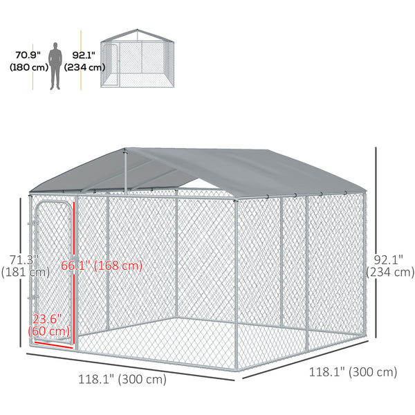 PawHut Dog Kennel Outdoor Run Fence with Roof, Steel Lock, Mesh Sidewalls for Backyard &amp; Patio, 9.8' x 9.8' x 7.7' |