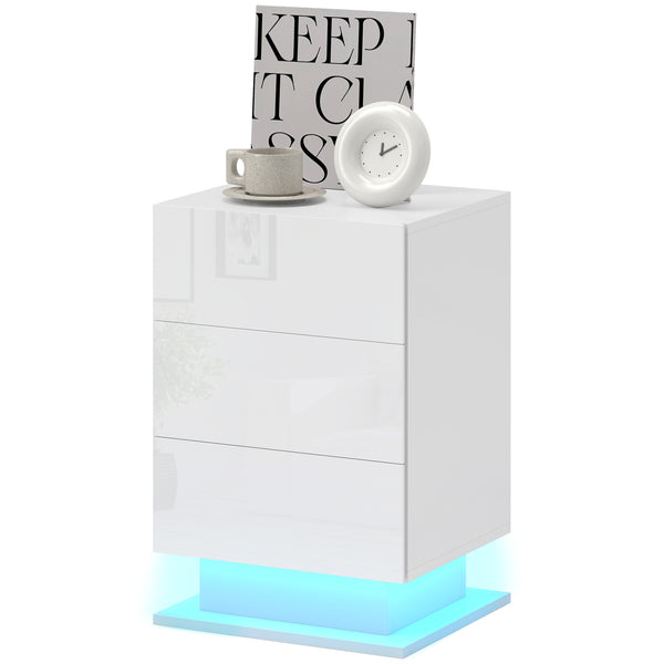 Table de chevet moderne avec éclairage LED RGB et 3 tiroirs – Blanc