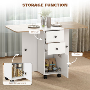 Table pliante mobile sur roulettes avec tiroirs et placard, blanc et chêne