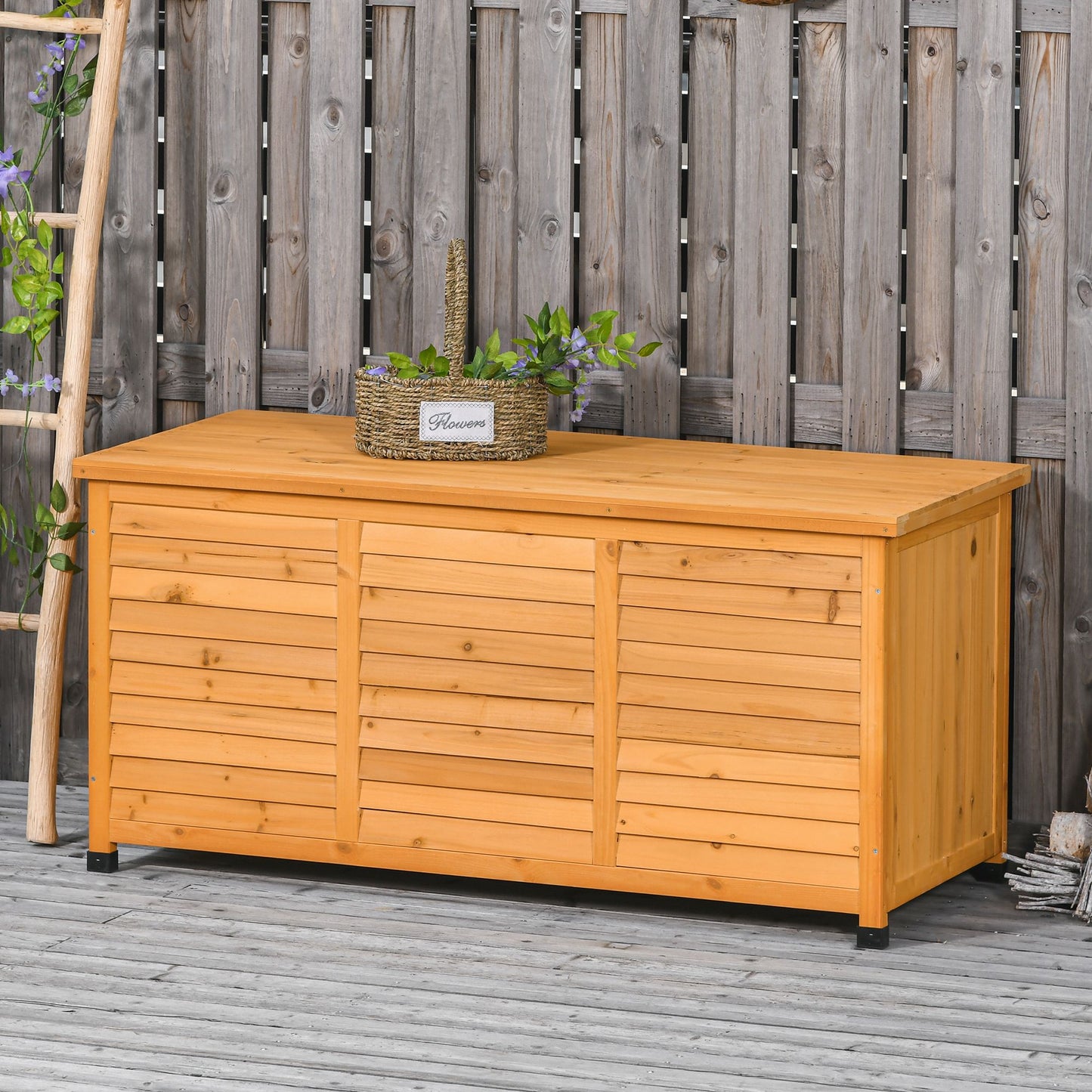Coffre de rangement en bois de 75 gallons avec fente d'aération et finition résistante aux intempéries, jaune