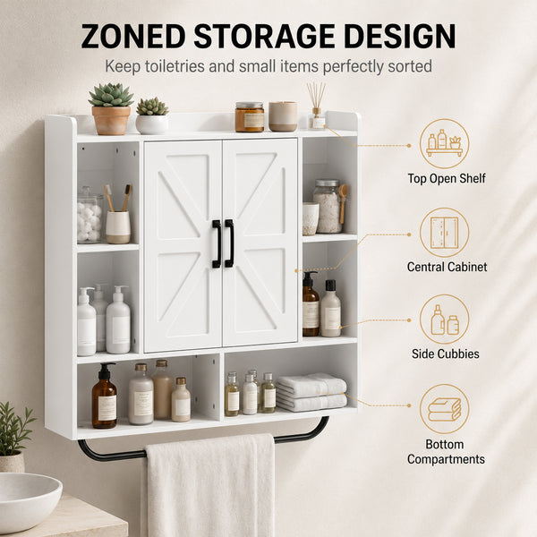 Bathroom Wall Cabinet, Medicine Cabinet Wall Mounted with Open and Hidden Storage Space for Bathroom, White