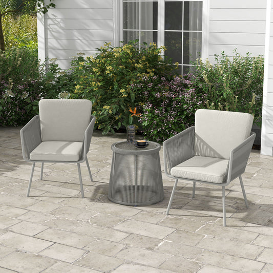 Outsunny 3-Piece Outdoor Bistro Set, Wicker Rattan Furniture with Metal Legs for Garden Backyard, Light Grey