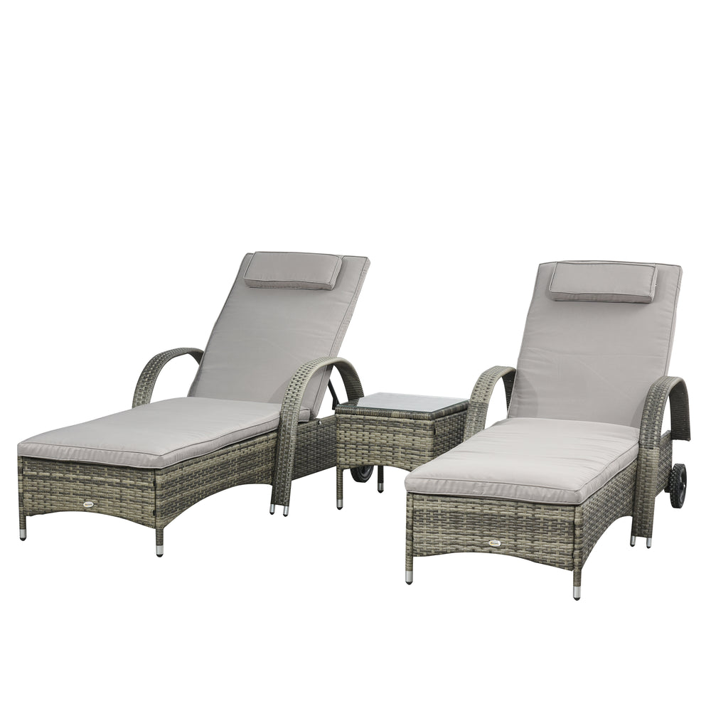 Patio Rattan Lounge Set, Wheeled Wicker Chaise Lounge Chair and Table with Tempered Glass Top, Mixed Grey