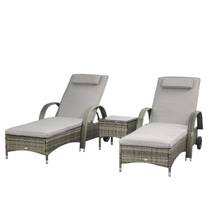 Patio Rattan Lounge Set, Wheeled Wicker Chaise Lounge Chair and Table with Tempered Glass Top, Mixed Grey