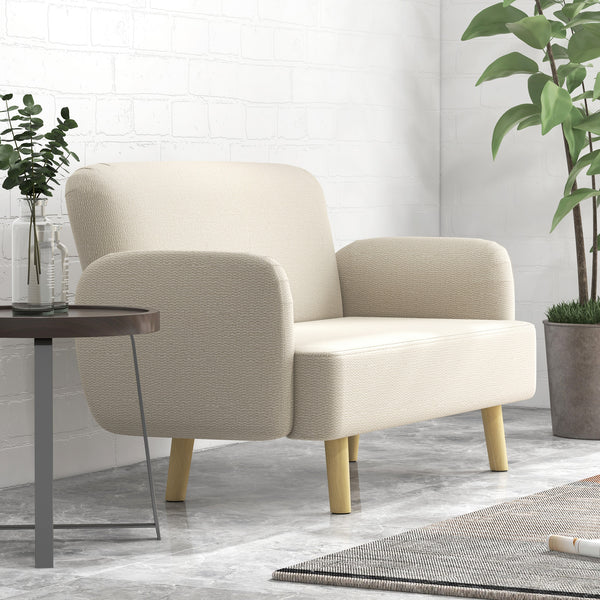 Canapé 2 places en tissu velours avec rembourrage et pieds en bois, blanc crème