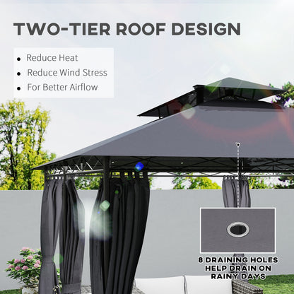 Outsunny 10' x 13' Outdoor Gazebo with Curtains and Solar Powered LED Lights, Double Roof Patio Shelter