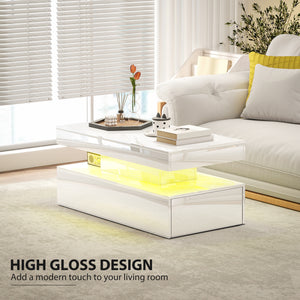 Table basse LED avec 2 tiroirs et étagère ouverte, blanc brillant