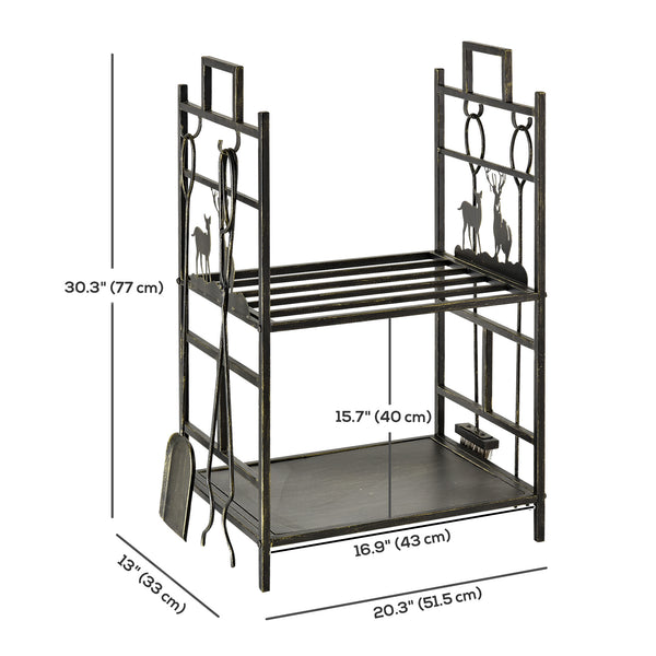 Étagère à bûches robuste à 2 niveaux avec 4 outils, noir et or