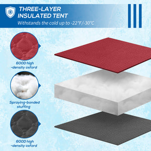 Insulated ice fishing shelter for 4 people, foldable with carry bag and two doors for temperatures down to -30°C, red