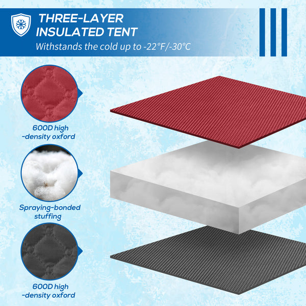 Insulated ice fishing shelter for 4 people, foldable with carry bag and two doors for temperatures down to -30°C, red