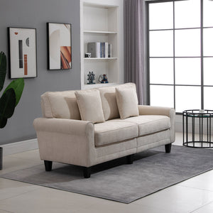 Canapé 3 places moderne tissu velours côtelé, pieds en pin et accoudoirs roulés, beige