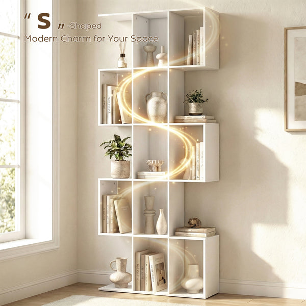 Bibliothèque à 5 niveaux en forme de S avec 15 compartiments, aspect bois blanc