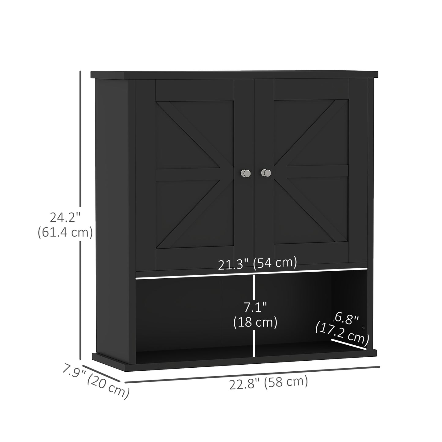 Armoire à pharmacie de salle de bain avec portes de grange et étagère réglable, noire