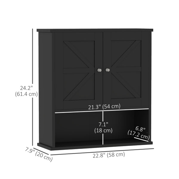 Armoire à pharmacie de salle de bain avec portes de grange et étagère réglable, noire