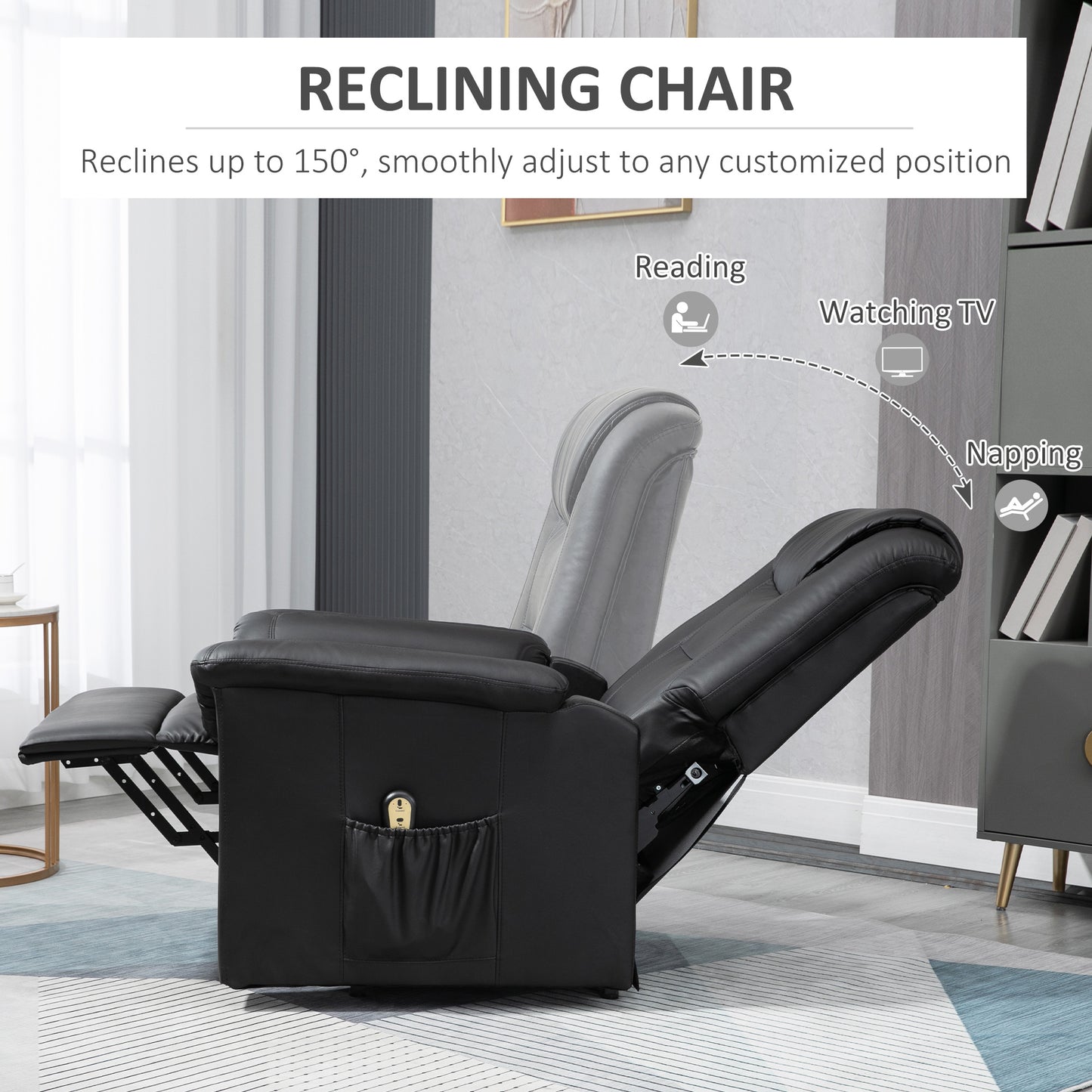 Fauteuil releveur électrique inclinable en cuir synthétique avec repose-pieds et télécommande, poches latérales, noir